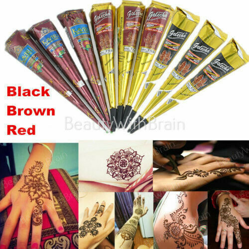 BEST BROWN QUALITY FRESH ORGANIC Henna Mehndi Tattoo Kit cones + BLACK  GLITTER